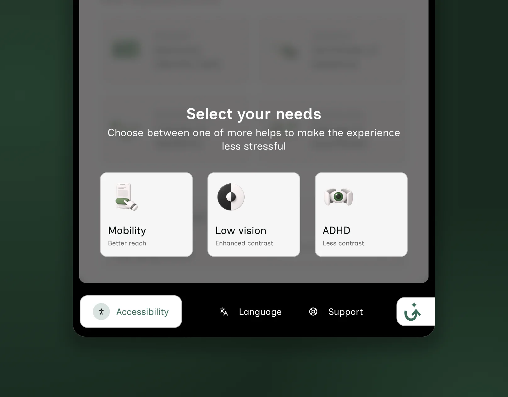 Menu Accessibilità del totem con le tre modalità: mobilità, ipovisione e ADHD