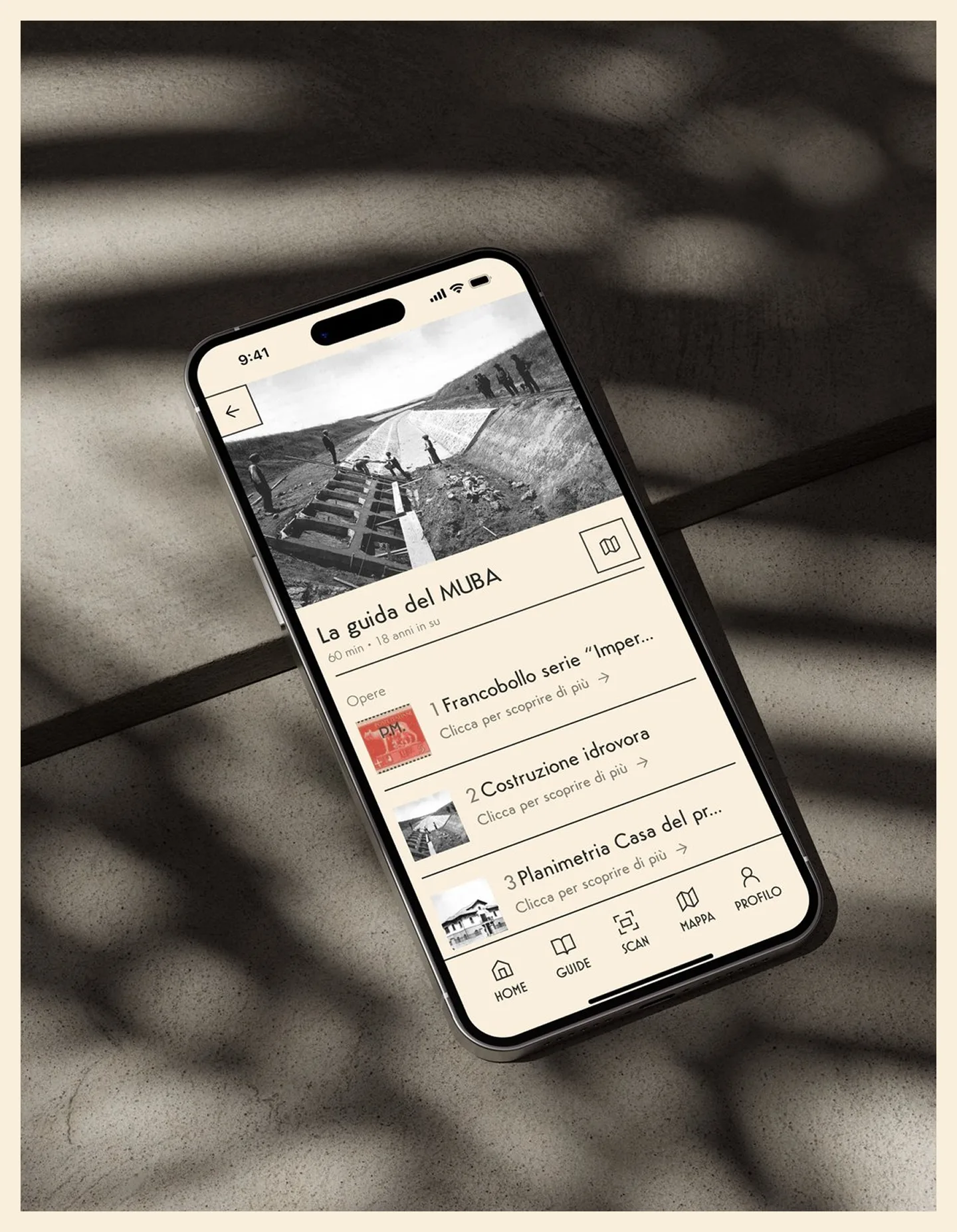 The MUBApp: museum guide with the list of works and the tab bar