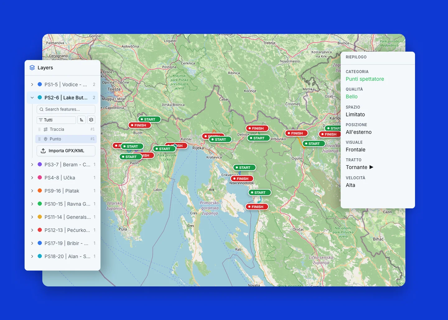 Recce's internal map editor: the Croatia Rally stages on the map, the layer list and the summary of a spectator point